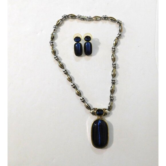 Vintage Two-Tone Necklace Blue Pendant Matching Pierced Earrings Set - Picture 2 of 11